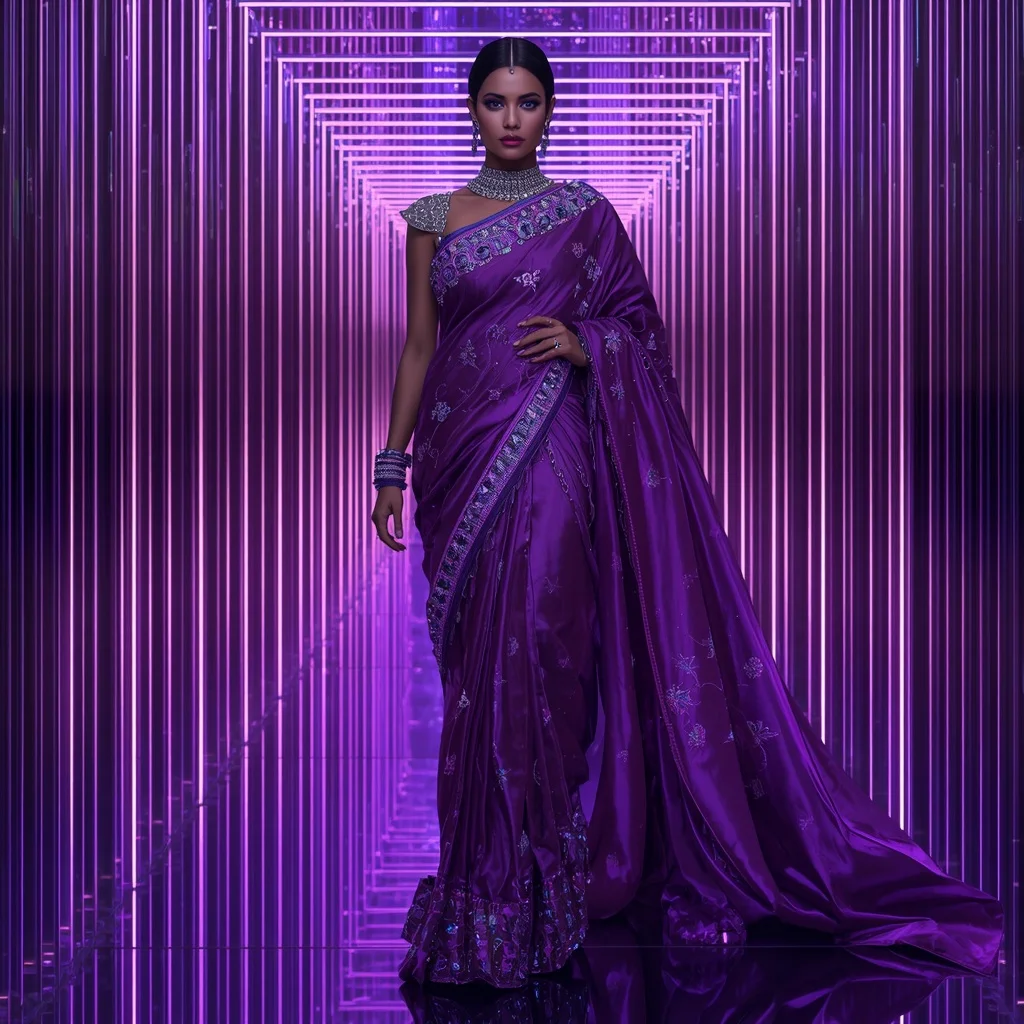 Violet Thunder Mirage Saree with Neon Infinity Prism Sanctuary | New Instagram Trend Prompt For Girl