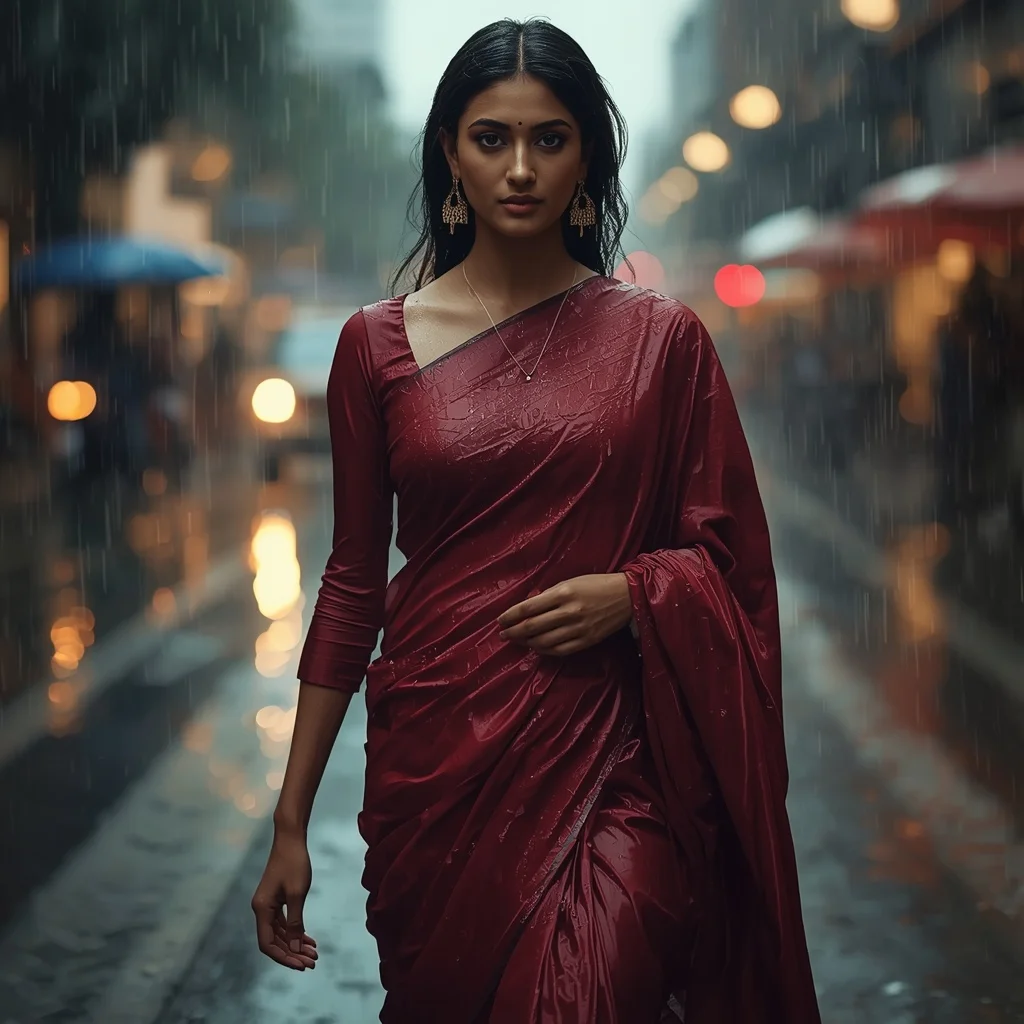Viral Bollywood Rain Saree Walk Slow Motion Street Cinematic Heroine Entry Look | Instagram Prompt For Traditional Look