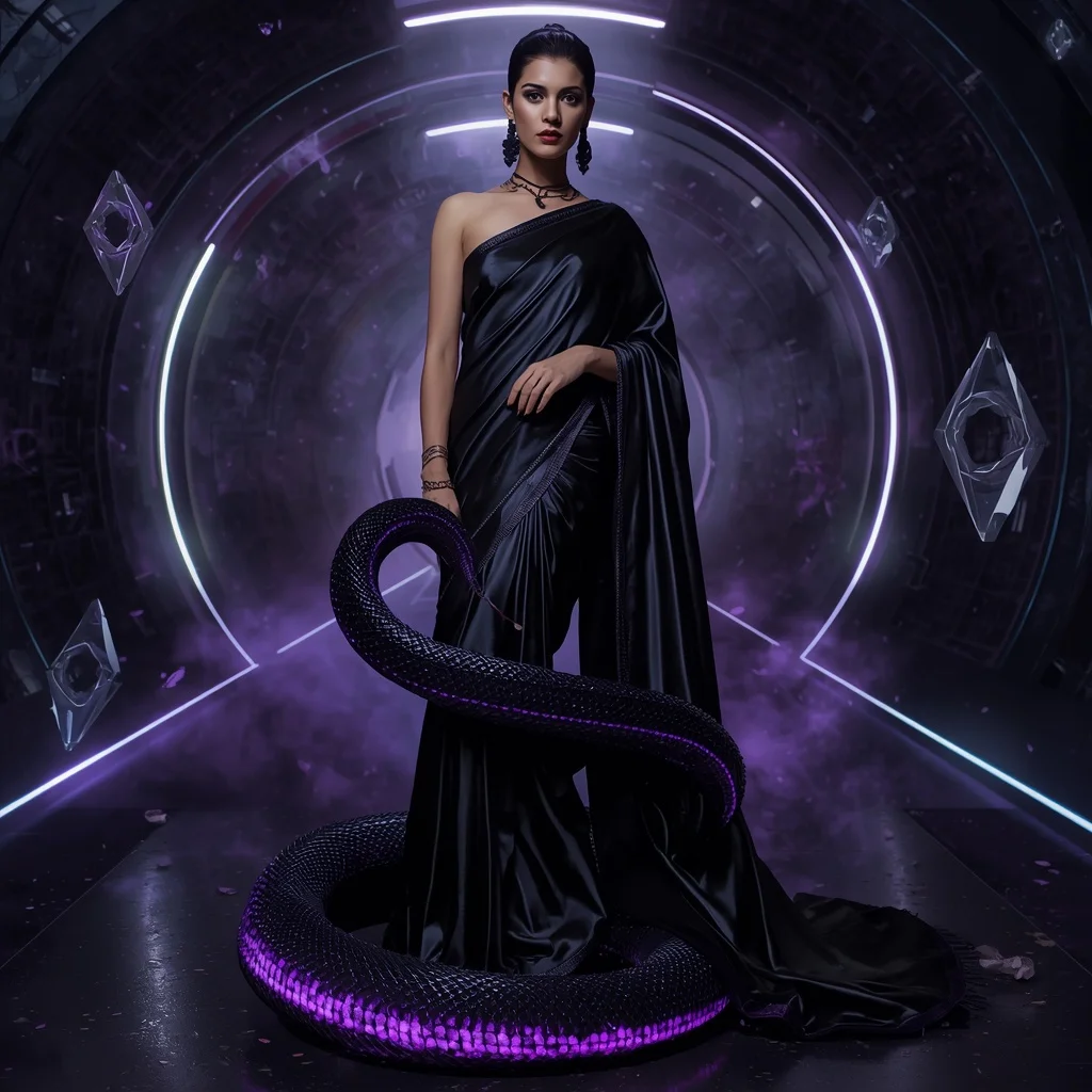Void Crystal Serpent Saree with Dark Energy Spiral Hall | Female Model Ai Prompt