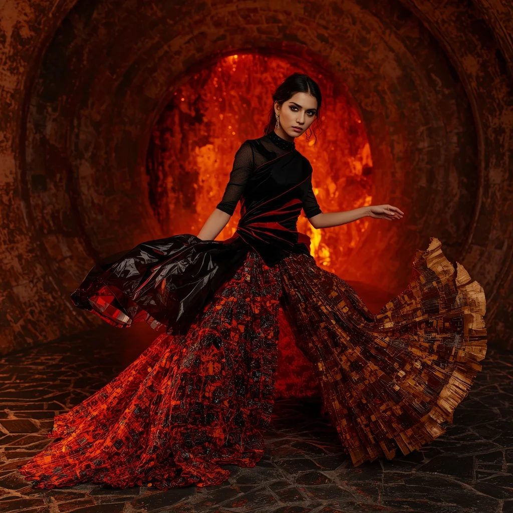 Volcanic Glass Ember Saree with Lava Crystal Core Chamber | Leonardo Ai Image Prompt
