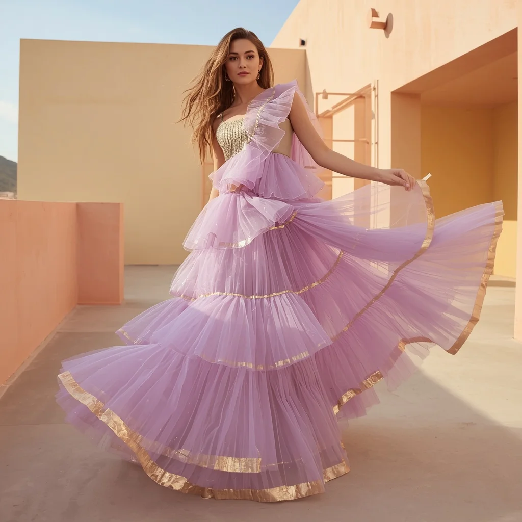 Voluminous Ruffled Tulle Festive Saree in Lavender and Gold | Travel Ai Prompt