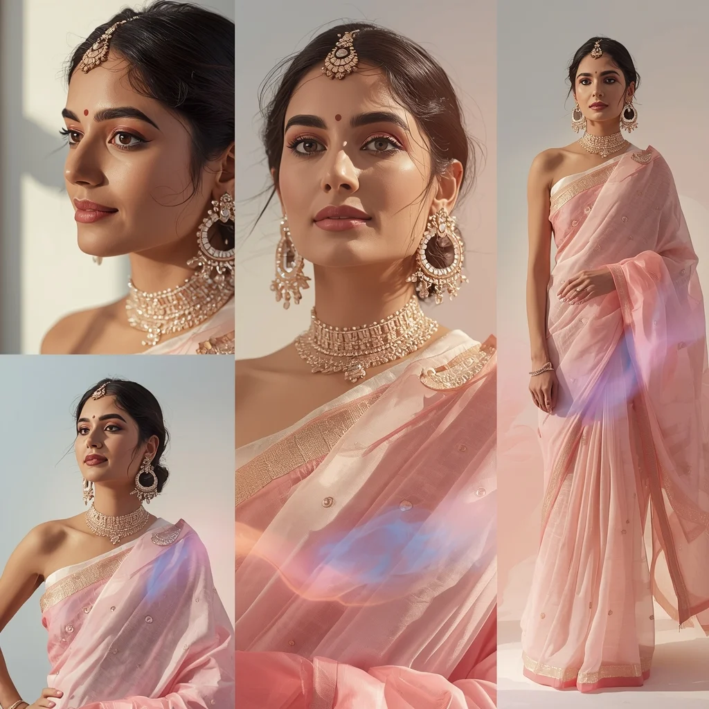 Watercolor Bleed Luxury Pastel Saree Indian Woman Artistic Collage | Saree Look Ai Prompt Modern Style