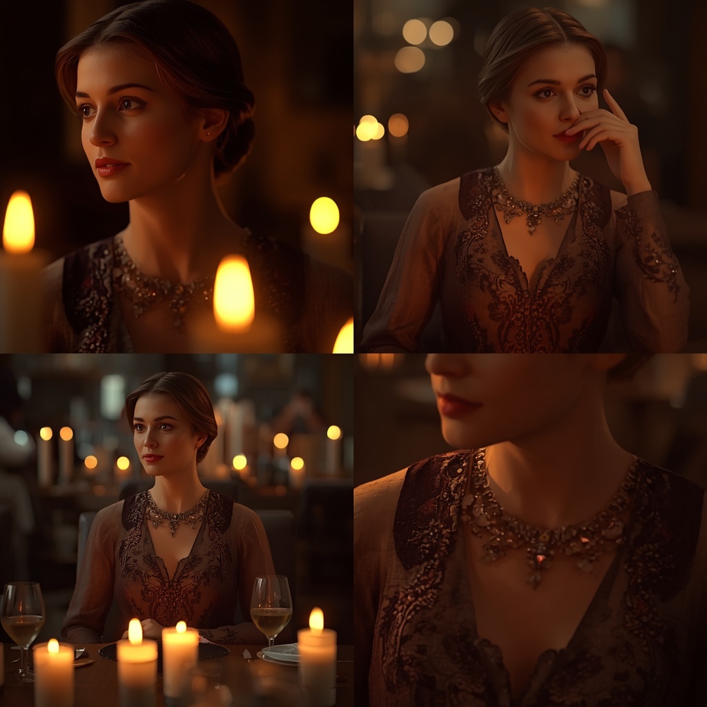 Western Traditional Dress Candlelight Dinner Collage Luxury Cinematic | Gemini Ai Prompt For Girl