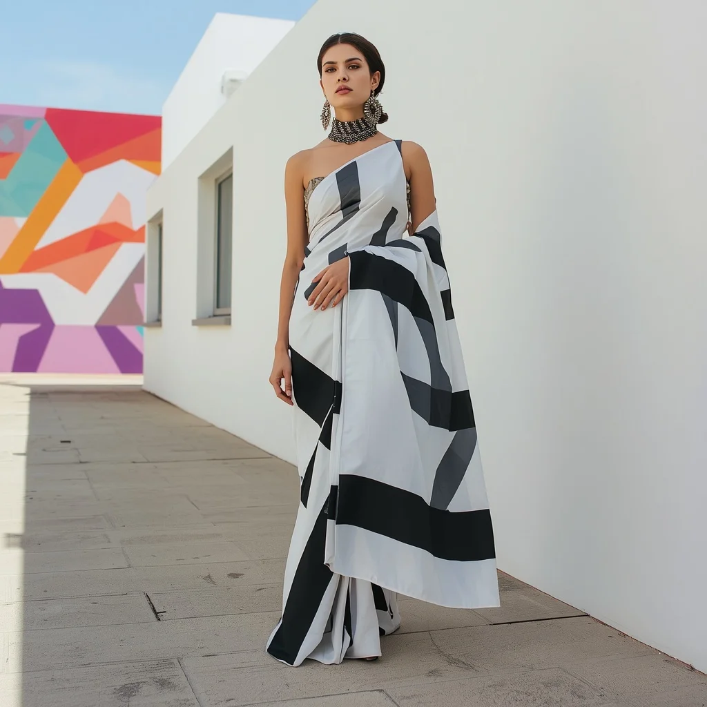White & Black Geometric Print Saree with Sculpted drape | Viral Instagram Ai Prompt