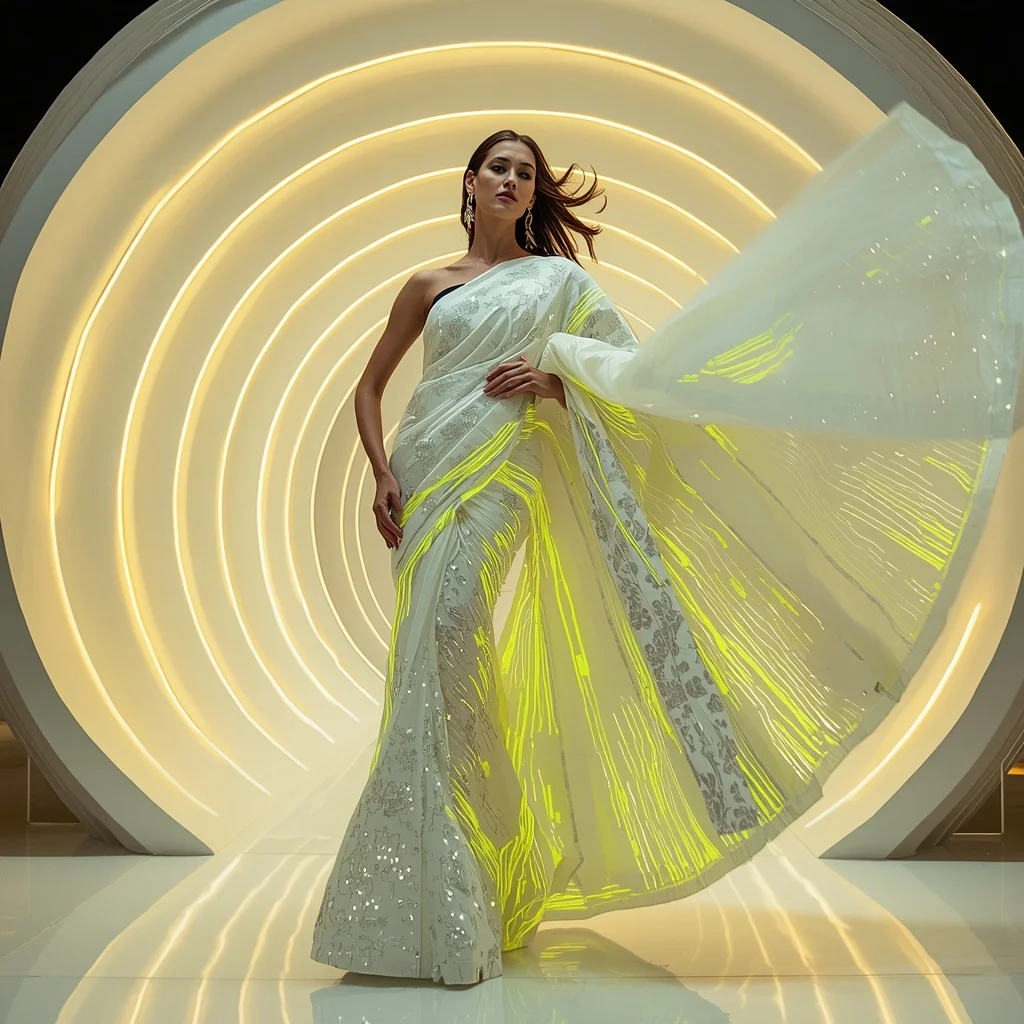 White Chrome and Neon Yellow Fiber Optic Saree with Clean Architecture Pod | Makeup Ai Prompt