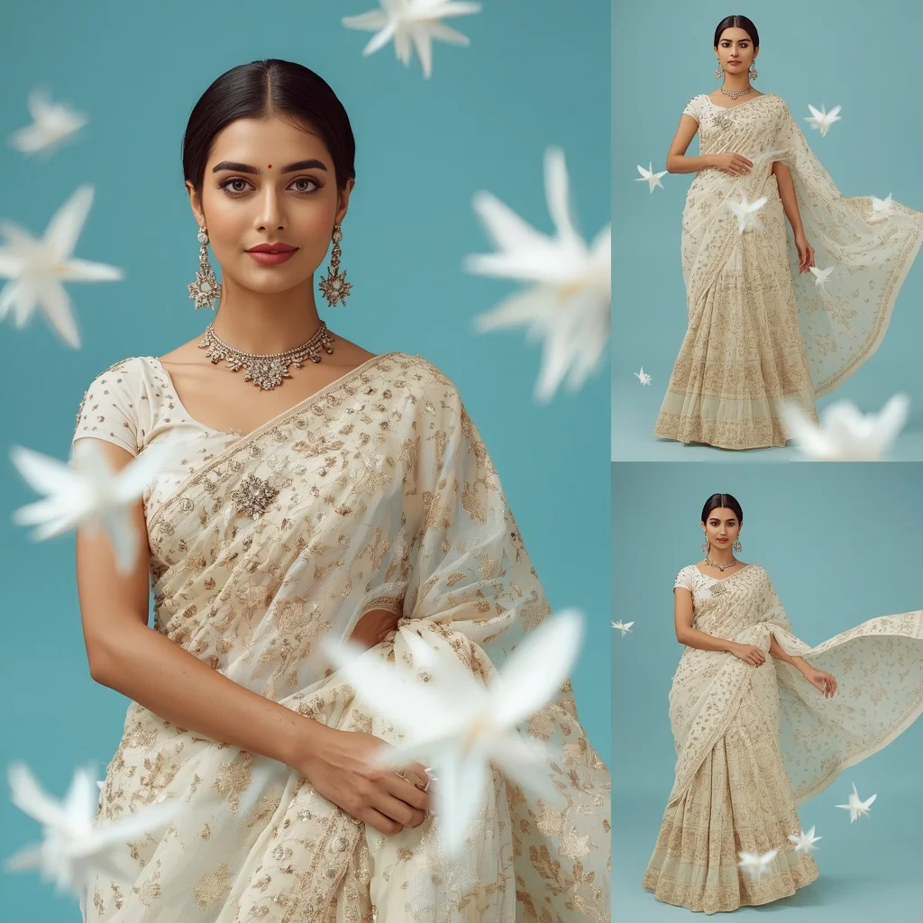White Porcelain Origami Stars Festive Saree Look Premium | Image To Prompt