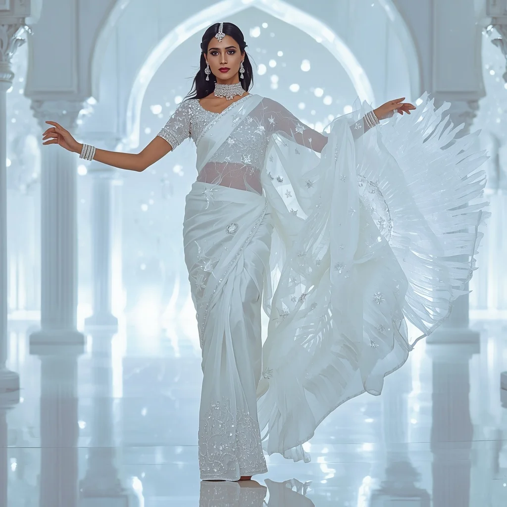 White Swan Ether Celestial Drift Saree – Elegant Couture Saree with Graceful Hover Pose and Ether Celestial Palace Background | Whatsapp Dp Ai Prompt