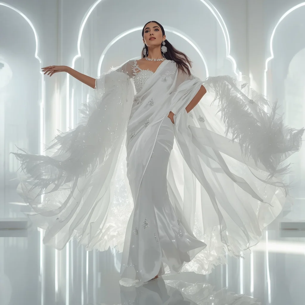 White Swan Ether Nova Drift Saree – Elegant Couture Saree with Graceful Hover Pose and Ether Nova Drift Palace Background | Beautiful Woman Ai Prompt